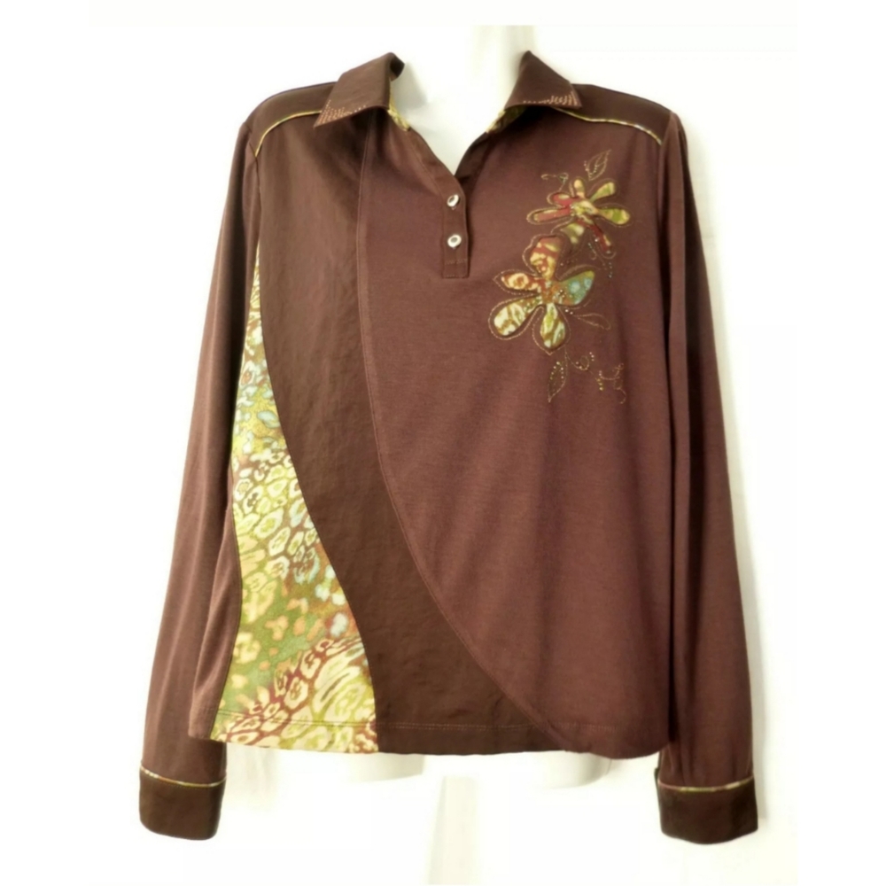 Women Top Size L Brown Long Sleeve Henley Stretch